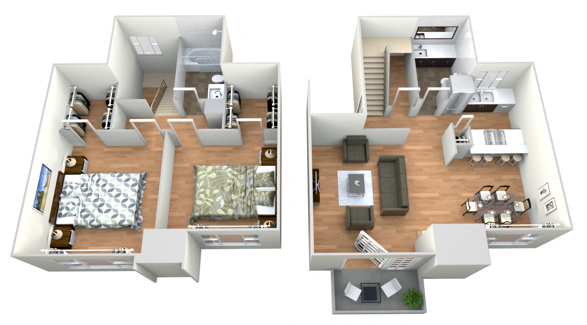Floor plan for 2 beds, 1.5 baths, 1039 sqft